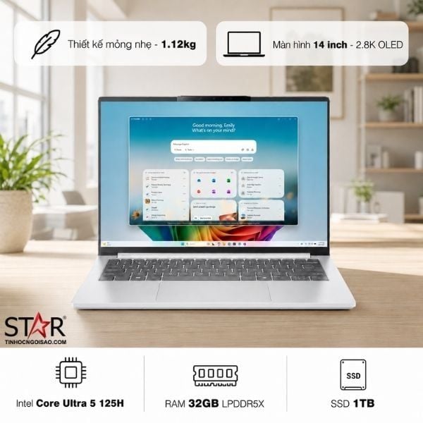  Laptop ACER Swift Go 14 AI SFG14-I71-70RP (NX.JZHSV.003) | UX7-358H, 32GB LPDDR5X, SSD 1TB NVMe, 14" 2.8K OLED, W11SL, Bạc, Kèm Túi 