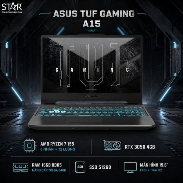  Laptop ASUS TUF Gaming A15 FA506NCG-HN390W | R7-155, 16GB DDR5, SSD 512GB NVMe, RTX 3050 4GB, RGB, 15.6" FHD 144Hz, Win 11 Home, Đen 