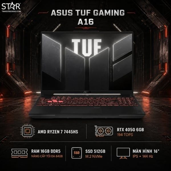  Laptop ASUS TUF Gaming A16 FA607NUG-RL129W | R7-7445HS, 16GB DDR5, SSD 512GB NVMe, RTX 4050 6GB, 16" WUXGA, Win 11, Xám 