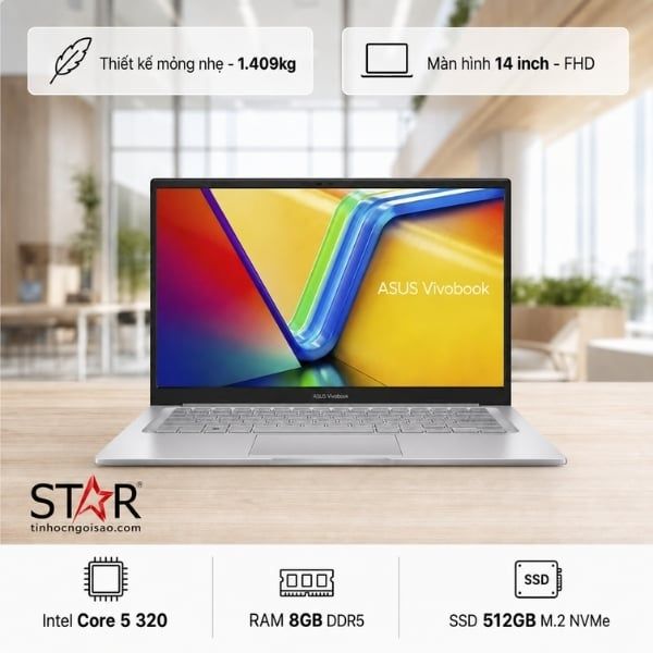  Laptop ASUS Vivobook 14 X1404MA-EB219W | Core 5-320, 8GB DDR5, SSD 512GB NVMe, 14" FHD IPS, Windows 11 Home, Bạc 