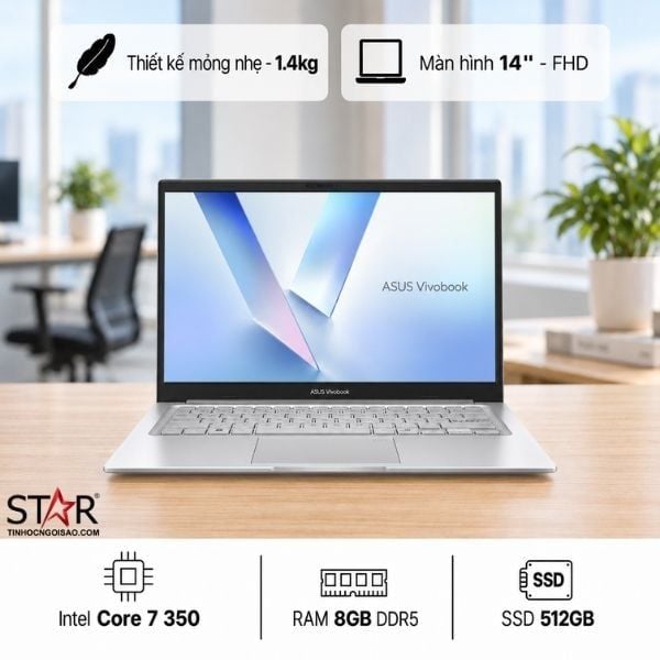  Laptop ASUS Vivobook 14 X1404MA-EB220W | C7-350, 8GB DDR5, SSD 512GB NVMe, 14" FHD, Win 11, Bạc 