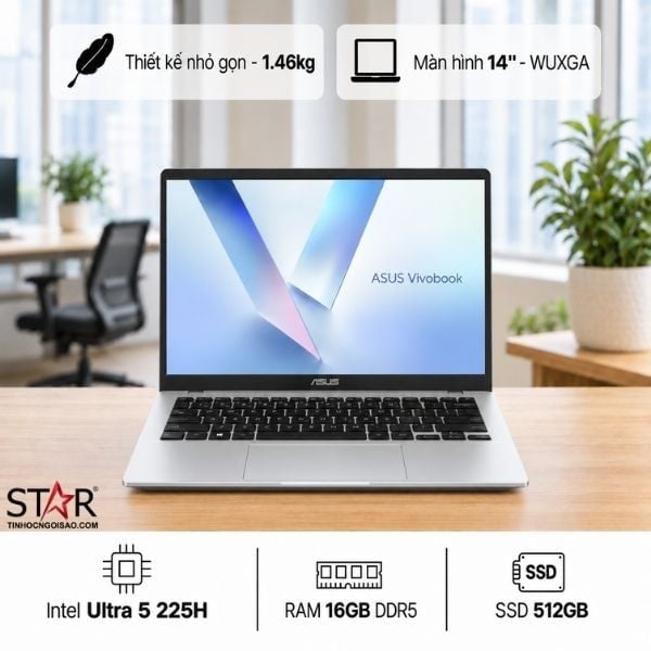 Laptop ASUS Vivobook 14 X1407CA-LY203W | U5-225H, 16GB DDR5, SSD 512GB NVMe, 14" WUXGA IPS, Intel Graphics, Win 11, Bạc 
