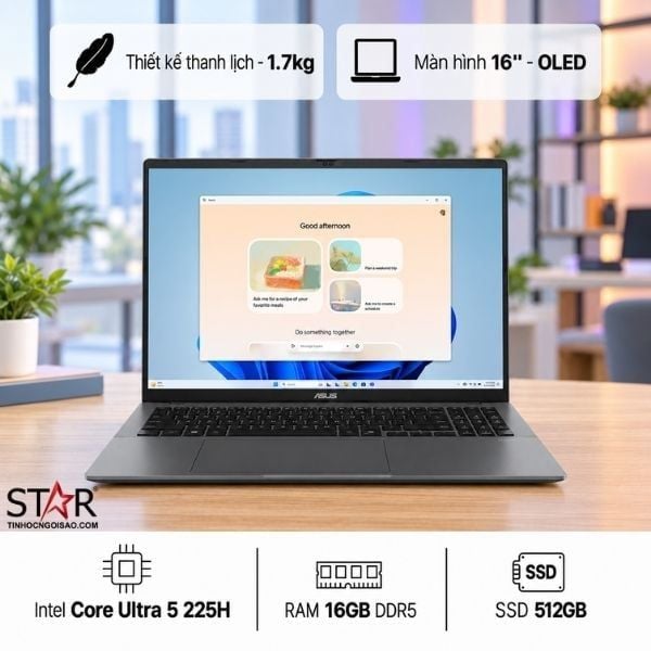  Laptop ASUS Vivobook S16 S3607CA-SH080W | U5-225H, 16GB DDR5, SSD 512GB NVMe, 16" WUXGA OLED, Intel Arc Graphics, WF, BT, W11, Xám 