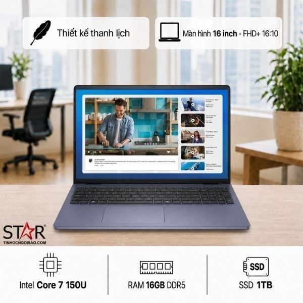  Laptop Dell 16 DC16251 (P131F001) | Core 7 150U, 16GB DDR5, SSD 1TB NVMe, 16" FHD+ Touch, W11, Ice Blue (LDC16251-7537CLD-PUS) 
