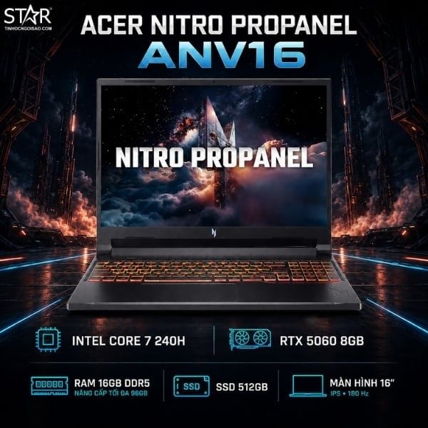  Laptop Gaming ACER Nitro Propanel ANV16-72-71T9 | Core 7-240H, 16GB DDR5, SSD 512GB NVMe, 16" WUXGA 180Hz, RTX 5060 8GB, Win 11, Đen (NH.QUNSV.001) 