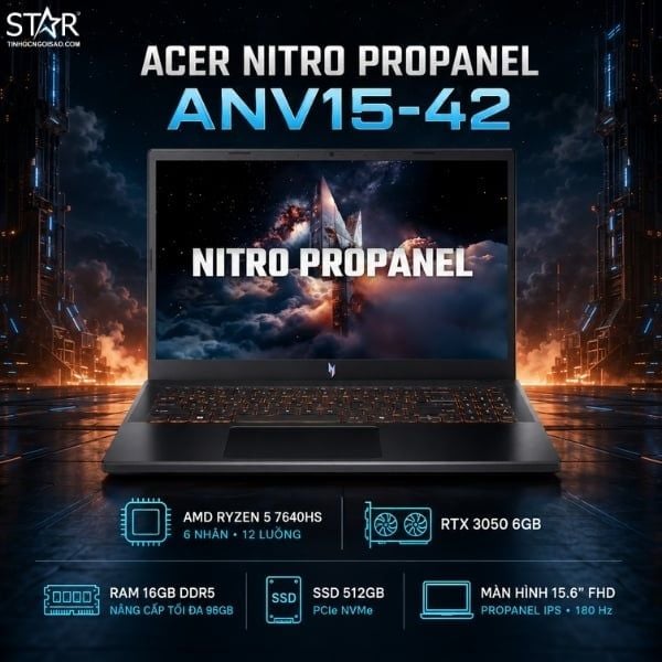  Laptop Gaming Acer Nitro ProPanel ANV15-42-R0QM | AMD Ryzen 5 7640HS, 16GB DDR5, 512GB SSD, RTX 3050 6GB, 15.6" FHD 180Hz, Win 11, Đen (NH.QUDSV.001) 