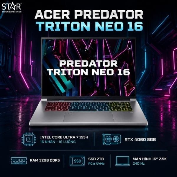  Laptop Gaming Acer Predator Triton Neo 16 PTN16-51-78JQ | U7-155H, 32GB LPDDR5X, SSD 2TB NVMe, RTX 4060 8GB, 16" 2.5K 240Hz, Win 11, Bạc.(NH.QPNSV.004) 