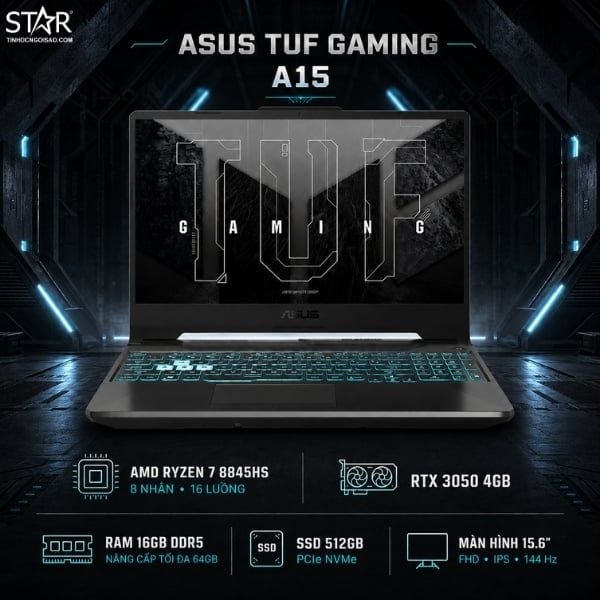  Laptop Gaming ASUS TUF A15 FA506NCG-HN329W | R7-8845HS, 16GB DDR5, SSD 512GB NVMe, RTX 3050 4GB, 15.6" FHD IPS 144Hz, Win 11 Home, Đen 