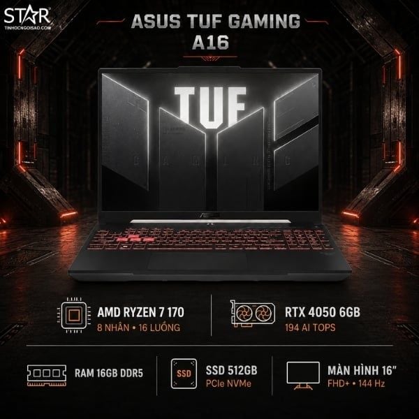  Laptop Gaming ASUS TUF A16 FA607NUQ-RL007W | AMD Ryzen 7 170, 16GB DDR5, SSD 512GB NVMe, 16" FHD+ 144Hz, RTX 4050 6GB GDDR6, Win 11, Xám 