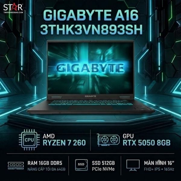 Laptop Gaming GIGABYTE A16 3THK3VN893SH (GA63H) | AMD Ryzen 7 260, 16GB DDR5, SSD 512GB, 16" FHD+ ,165Hz, WF6E, BT/76Wh, RTX 5050 8GB, RGB, W11SL, Đen 