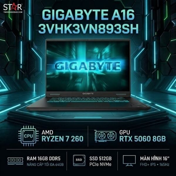  Laptop Gaming GIGABYTE A16 3VHK3VN893SH (GA63H) | AMD Ryzen 7 260, 16GB DDR5, SSD 512GB, 16" FHD+ 165Hz, WF6E, BT/76Wh, RTX 5060 8GB, RGB, W11SL, Đen 