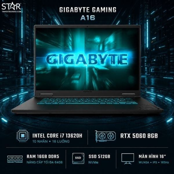  Laptop Gaming Gigabyte A16 CVHI3MY893SH (GA6H) | i7-13620H, 16GB DDR5, SSD 512GB NVMe, RTX 5060 8GB, 16" FHD+ 165Hz, Windows 11 SL, Đen 