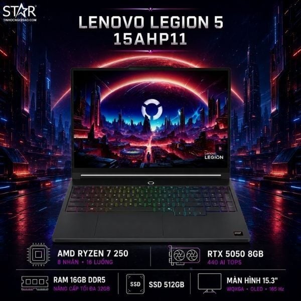  Laptop Gaming Lenovo Legion 5 15AHP11 | R7-250, 16GB DDR5, SSD 512GB NVMe, RTX 5050 8GB, 15.3" WQXGA OLED 165Hz, W11SL, Đen 