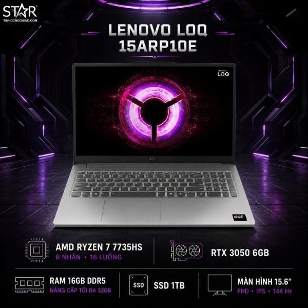  Laptop Gaming Lenovo LOQ 15ARP10E 83S0006RVN | AMD Ryzen 7 7735HS, 16GB DDR5, SSD 1TB, RTX 3050 6GB, 15.6" FHD 144Hz, Win 11, Xám 