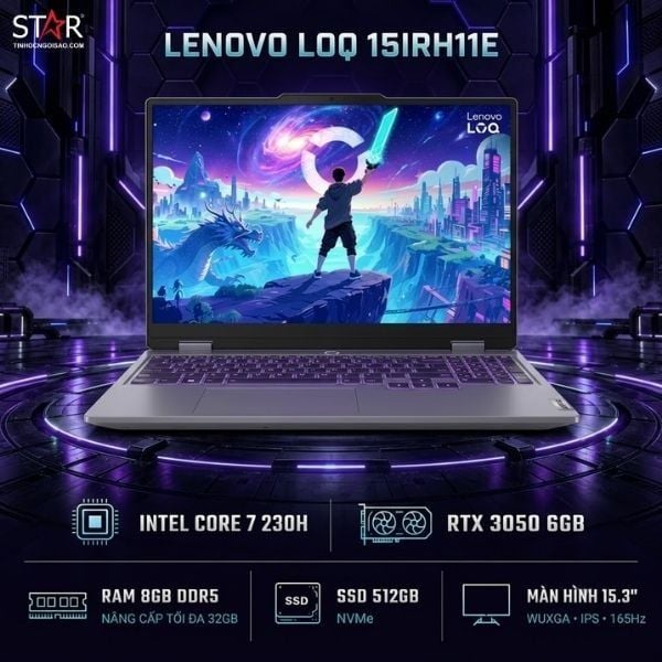  Laptop Gaming Lenovo LOQ 15IRH11E 83Y9003YVN | Core 7 230H, 8GB DDR5, SSD 512GB, RTX 3050 6GB, 15.3" WUXGA 165Hz, 3C 60Wh, Windows 11 Home SL, Xám 