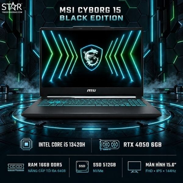  Laptop Gaming MSI Cyborg 15 Black Edition A13VEO-2610VN | i5-13420H, 16GB DDR5, SSD 512GB NVMe, 15.6" FHD 144Hz, RTX 4050 6GB, Win 11, Balo 