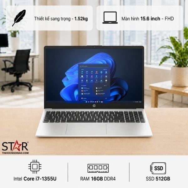  Laptop HP 250 G10 A06FDPT | i7-1355U, 16GB DDR4, SSD 512GB NVMe, 15.6" FHD, Windows 11 Home, Bạc 