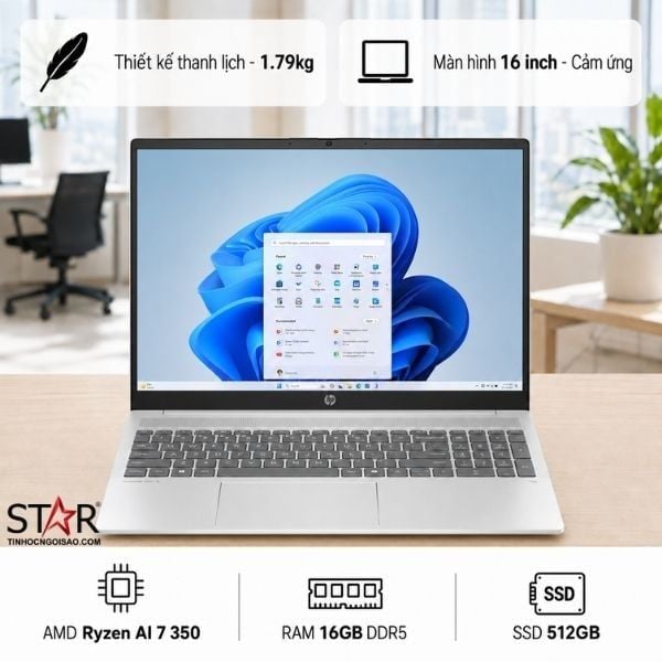  Laptop HP OmniBook 5 16-ag1066AU | Ryzen Al 7 350, 16GB LPDDR5x, SSD 512GB NVMe, AMD Graphics, 16" WUXGA Touch IPS, W11H+ Office, Bạc (BZ7S9PA) 