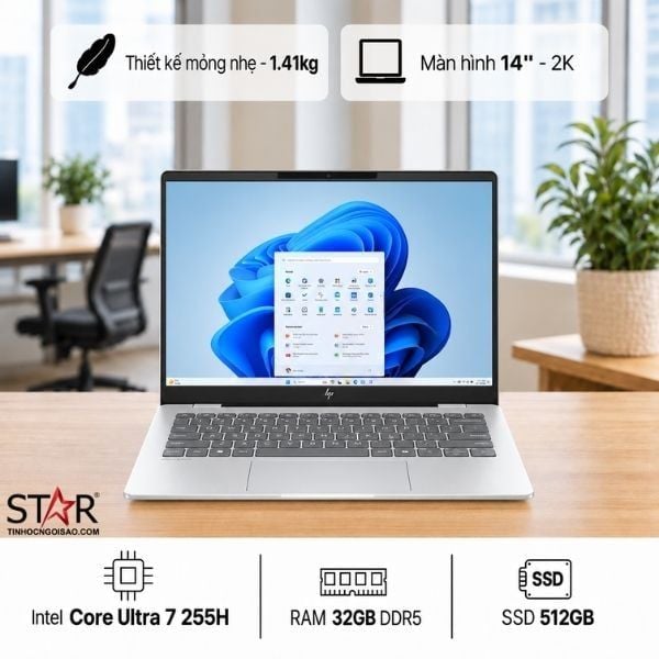  Laptop HP OmniBook 7 14-fr0024TU | Ultra 7-255H, 32GB LPDDR5, SSD 512GB NVMe, Intel Graphics, 14" 2K IPS, W11H+ Office, Bạc (C1MN0PA) 