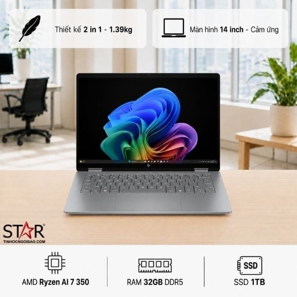  Laptop HP OmniBook X Flip 14-fk0082AU | Ryzen Al 7 350, 32GB LPDDR5x, SSD 1TB NVMe, 14" 2K Touch, Pen, AMD Graphics , W11H+Office, Bạc (BZ7N8PA) 