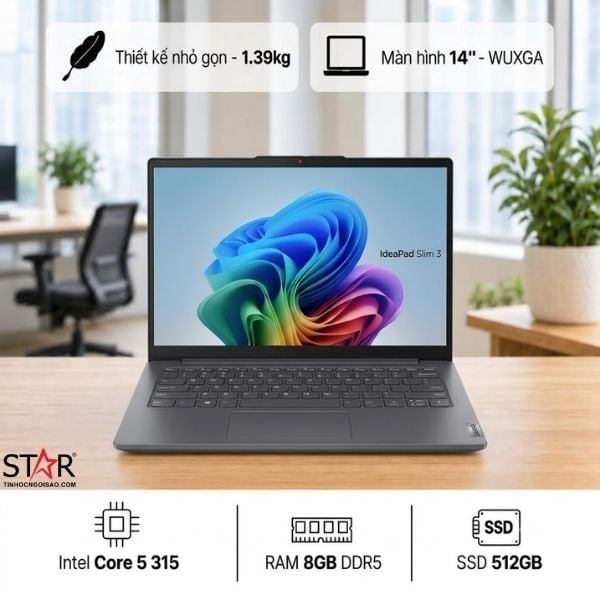  Laptop Lenovo IdeaPad Slim 3 14IWC11 83RQ00D6VN | Core 5 315, 8GB DDR5, SSD 512GB, Intel Graphics, 14" WUXGA, 3C 50Wh, OfficeH24+M365, Windows 11 Home SL, Xám 