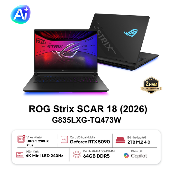  Laptop Gaming ASUS ROG Strix SCAR 18 G835LXG-TQ473W | U9-290HX Plus, 64GB DDR5, 2TB SSD PCIe, 18" 4K Mini LED 240Hz, W11H, RTX 5090 24GB GDDR7, RGB, Đen 