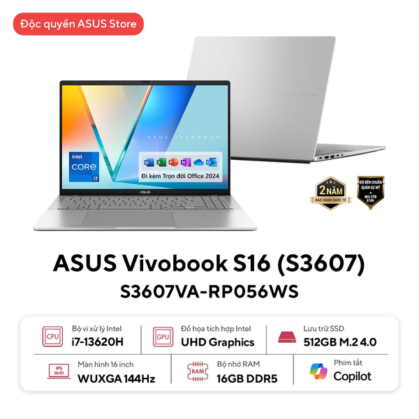  Laptop ASUS Vivobook S16 S3607VA-RP056WS | i7-13620H, 16GB DDR5, SSD 512GB NVMe, 16" WUXGA 144Hz, Bạc 