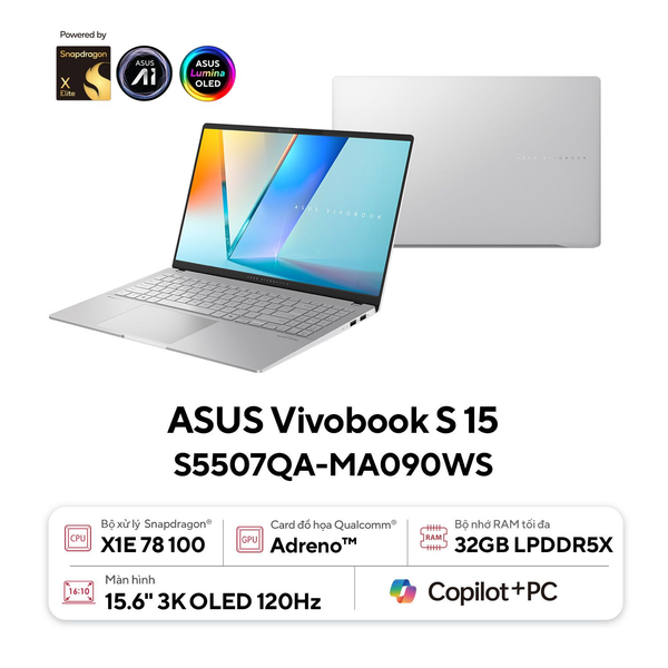  Laptop ASUS Vivobook S15 S5507QA-MA090WS | X1E-78-100, 32GB LPDDR5X, SSD 1TB NVMe, 15.6" 3K OLED, Bạc 