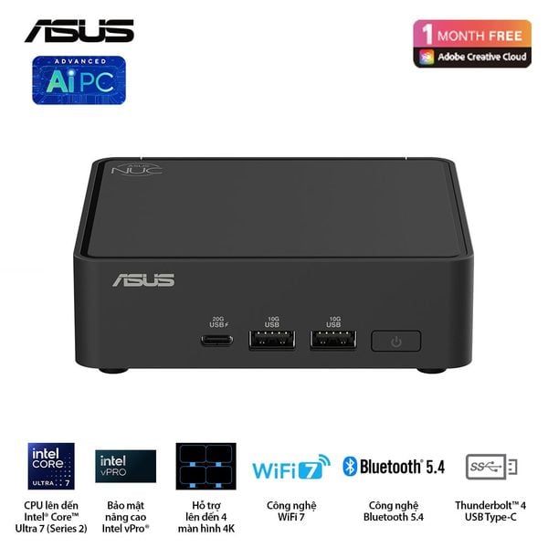  Mini PC ASUS NUC 15 Pro Slim BNUC15CRLIP051C0 | U300, 8GB DDR5, SSD 128GB NVMe, 2xHDMI 2.1, 1xTypeC, Windows 11 Pro, Đen (90AS00U1-M000Y0) 