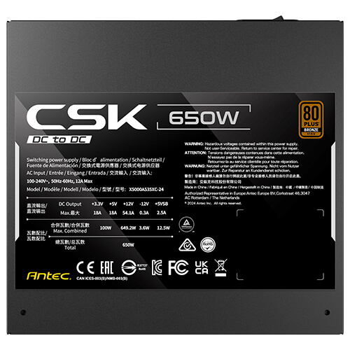  Nguồn máy tính Antec CSK DC 650 650W 80 Plus Bronze | Non Modular, ATX, Đen 