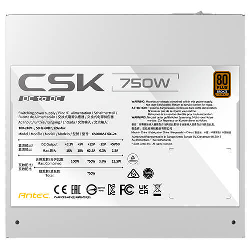  Nguồn máy tính Antec CSK DC 750 750W 80 Plus Bronze | Non Modular, PCIe 5.1, ATX, Trắng 