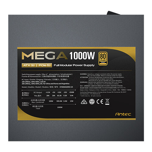  Nguồn máy tính Antec MEGA 1000 Gold 1000W | 80 Plus Gold, ATX 3.1, PCIe 5.1, Full Modular, Đen 