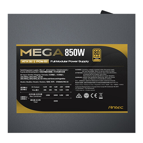  Nguồn máy tính Antec MEGA 850 Gold 850W | 80 Plus Gold, Full Range, Full Modular, PCIe 5.1, ATX 3.1, Đen 
