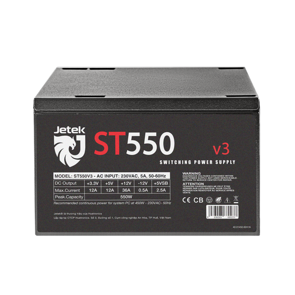  Nguồn máy tính Jetek ST550 V3 550W | 450W Liên tục, Non Modular, Cáp dẹt, ATX, Đen 