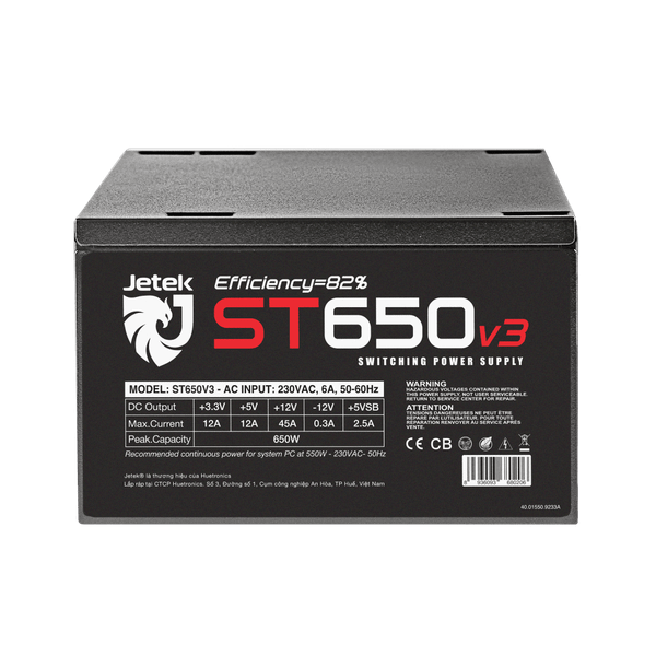  Nguồn máy tính Jetek ST650 V3 600W Cáp Dẹt Đen | ATX, Single Rail, 2 PCIe 6+2-pin 