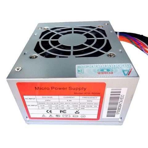 Nguồn máy tính Micro Mini 500 Fan 8cm (J1xx Slim) | Fan 8cm, 20+4 Pin, CPU 4+4 Pin, SATA, ATA, Bạc