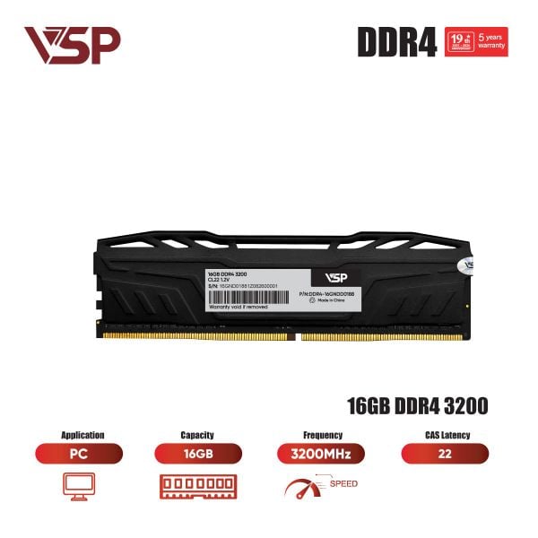  RAM PC VSP 16GB DDR4 3200MHz Tản Nhiệt Nhôm CL22 (DDR4-16GNDD0188) 