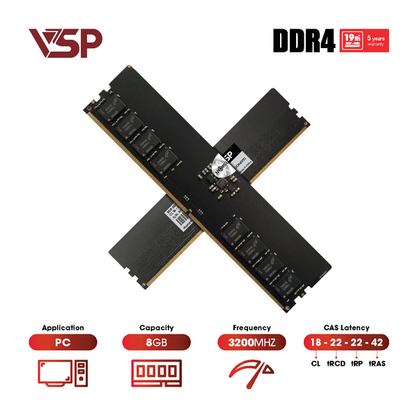  RAM PC VSP 8GB DDR4 3200MHz | (1x8GB), CL18, Hỗ trợ Intel/AMD, XMP, Không Tản (P/N DD04-8GDDR40173) 
