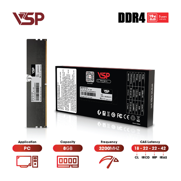  RAM PC VSP 8GB DDR4 3200MHz | (1x8GB), CL18, Hỗ trợ Intel/AMD, XMP, Không Tản (P/N DD04-8GDDR40173) 