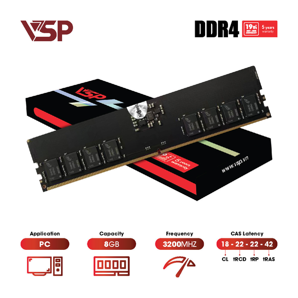  RAM PC VSP 8GB DDR4 3200MHz | (1x8GB), CL18, Hỗ trợ Intel/AMD, XMP, Không Tản (P/N DD04-8GDDR40173) 