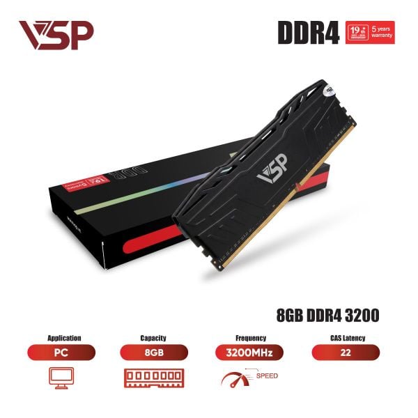  RAM PC VSP 8GB DDR4 3200MHz Tản Nhiệt Nhôm CL22 (DDR4-8GNDDR0188) 