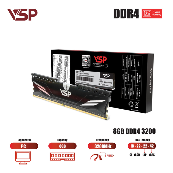  RAM PC VSP 8GB DDR4 3200MHz (P/N DD04-8GDDR40173) | UDIMM, CL18, Tản nhiệt nhôm, Đen 