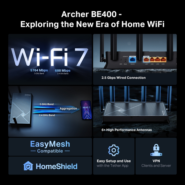  Router WiFi 7 TP-Link Archer BE4000 BE6500 | Dual-Band, 2.5Gbps WAN & LAN, EasyMesh, USB 3.0 
