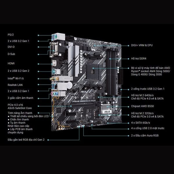  Mainboard ASUS Prime B550M-A Wifi DDR4 | AM4, mATX, 4 khe RAM 