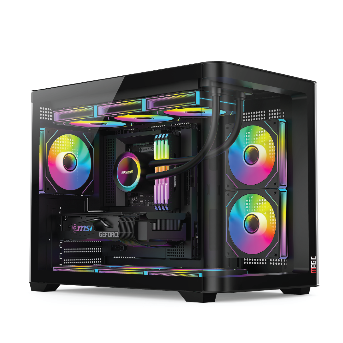 Thùng máy Magic Gaming GM-02 Pro Curved M-ATX Support AIO 360 (Hồ Cá) Không Kèm Sẵn Fan - Đen