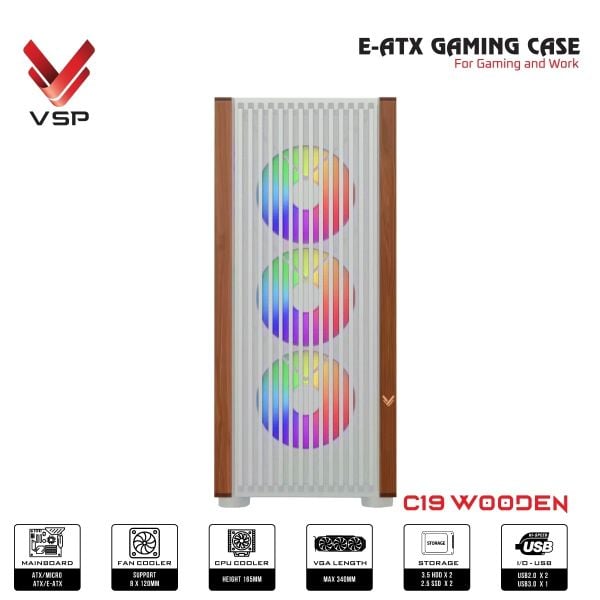  Thùng máy VSP C19 Wooden (F-Atx) (Chưa Kèm Fan) - Trắng 