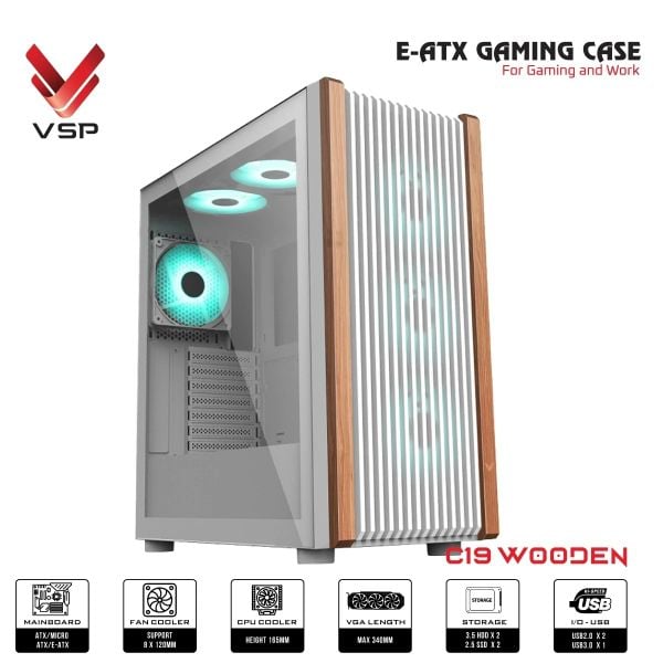  Thùng máy VSP C19 Wooden (F-Atx) (Chưa Kèm Fan) - Trắng 