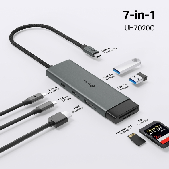 Hub USB Type-C 7 cổng (7 in 1) TP-Link (UH7020C) | 1× HDMI 4K 60Hz, 1× PD 100W, 1× SD + 1× microSD (TF) 200MBps, 2× USB-A 3.0, 1× USB-C 3.0 