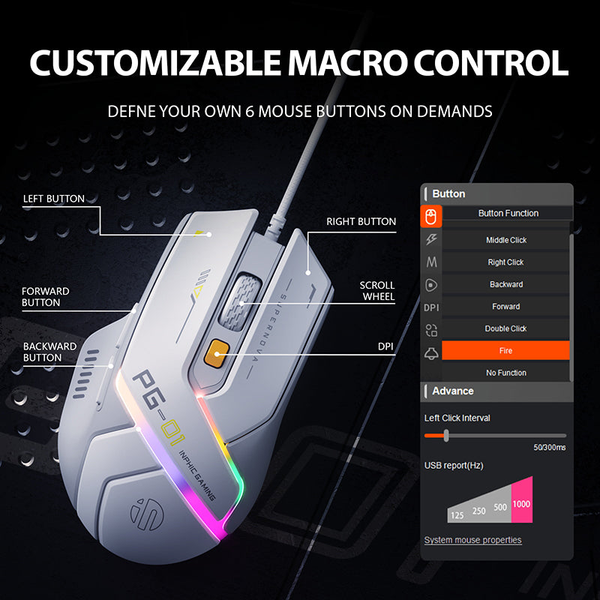  Chuột gaming INPHIC PG1 Chính Hãng | Wired, 12800 DPI, 78g, Trắng 