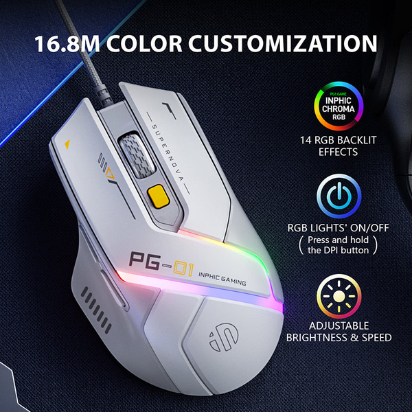  Chuột gaming INPHIC PG1 Chính Hãng | Wired, 12800 DPI, 78g, Trắng 